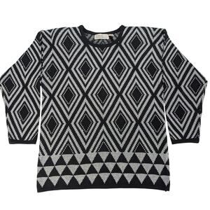 VTG Karen Scott Metallic Geometric Diamond Sweater Shoulder Pads Black L
